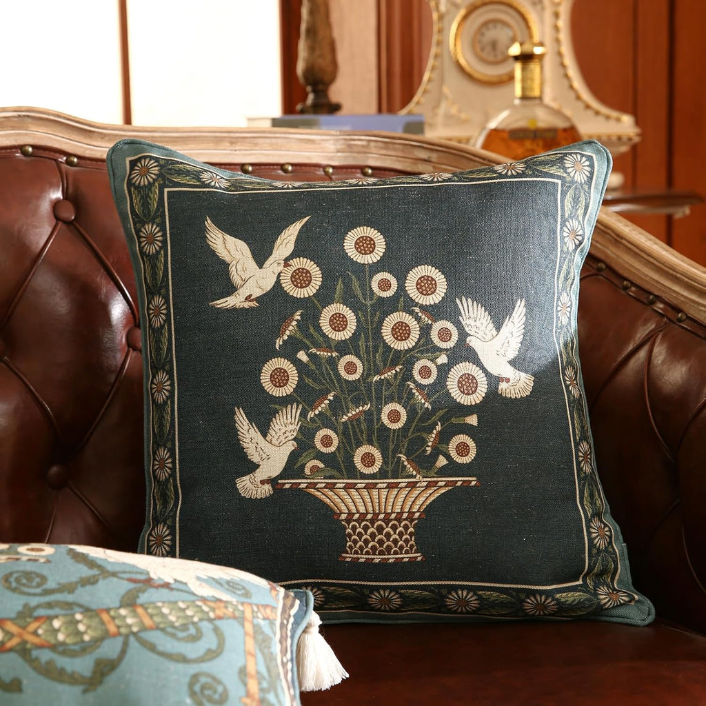 Green Throw Pillow Covers Set of 2,French Farmhouse with White Birds and Flowers Pattern Linen Pillowcases,Decorative Square Pillows Cushion Covers for Couch Sofa Bed Chair,18x18 Inches