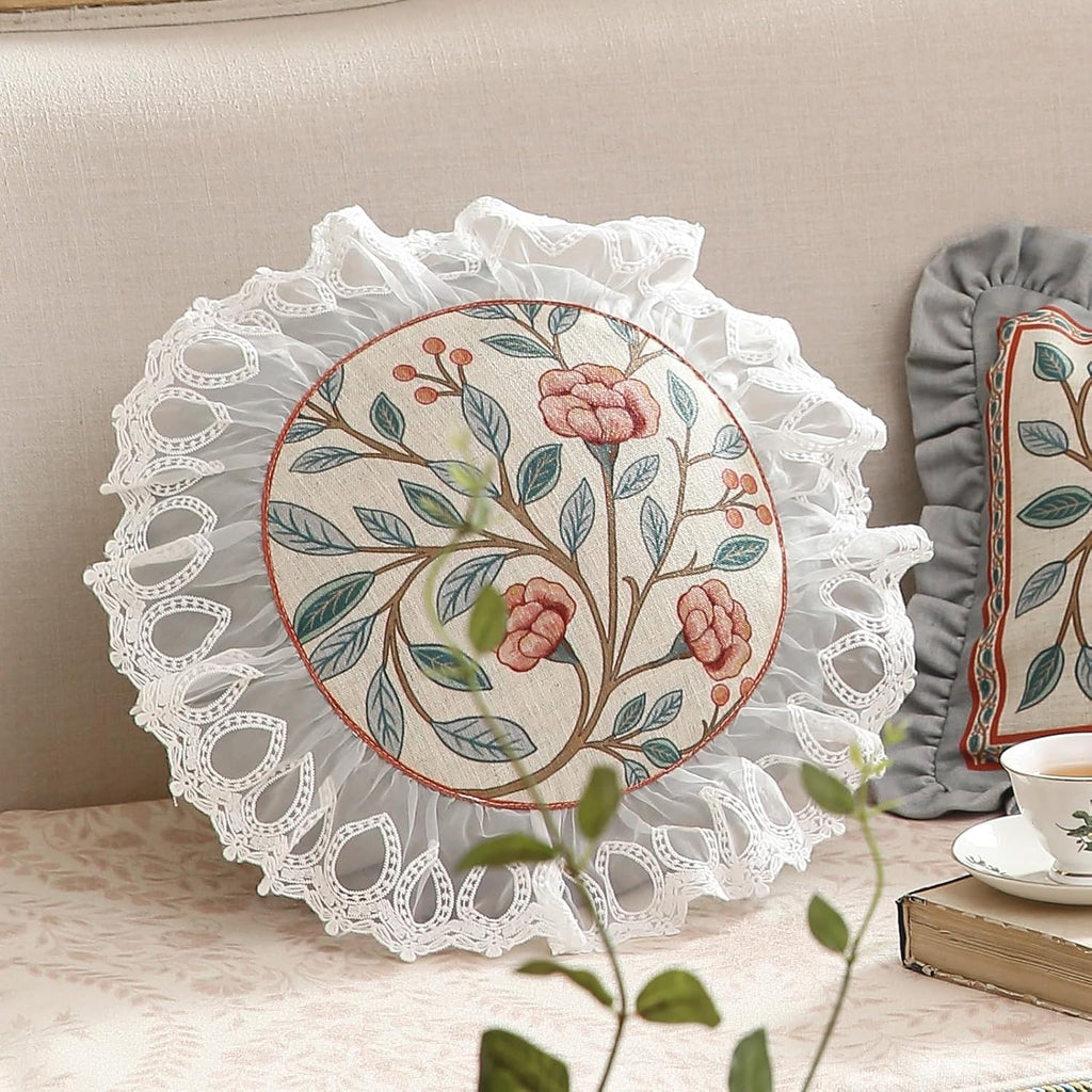 Floral Throw Pillow Covers,Cottage Rustic with Blooming Flower Pattern Linen Pillowcases,Decorative Round Pillows Cushion Covers for Couch Sofa Bed Chair Car,Diameter 16"