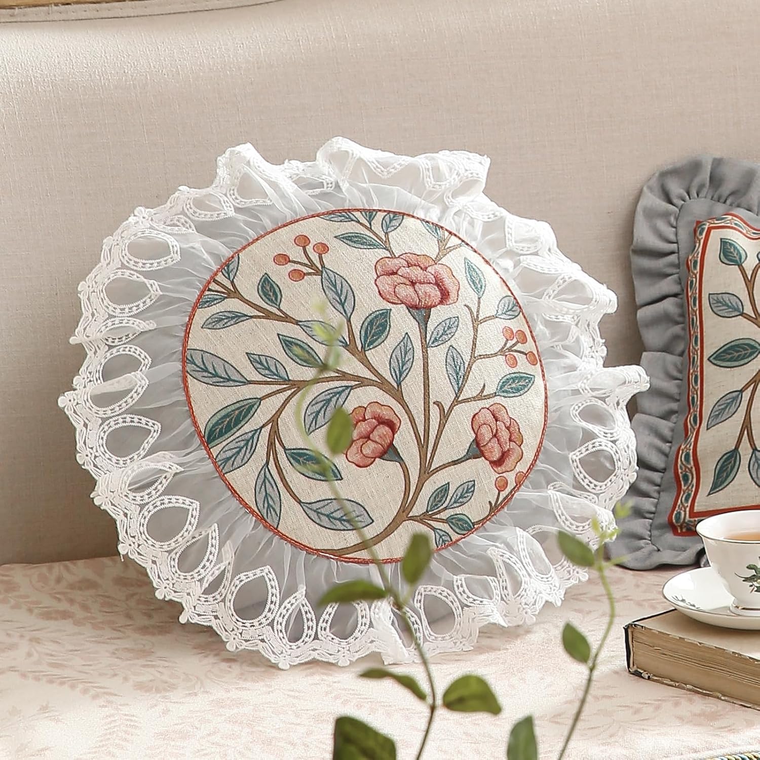 Floral Throw Pillow Covers Set of 2,Cottage Rustic with Blooming Flower Pattern Linen Pillowcases,Decorative Round Pillows Cushion Covers for Couch Sofa Bed Chair Car,Diameter 16"