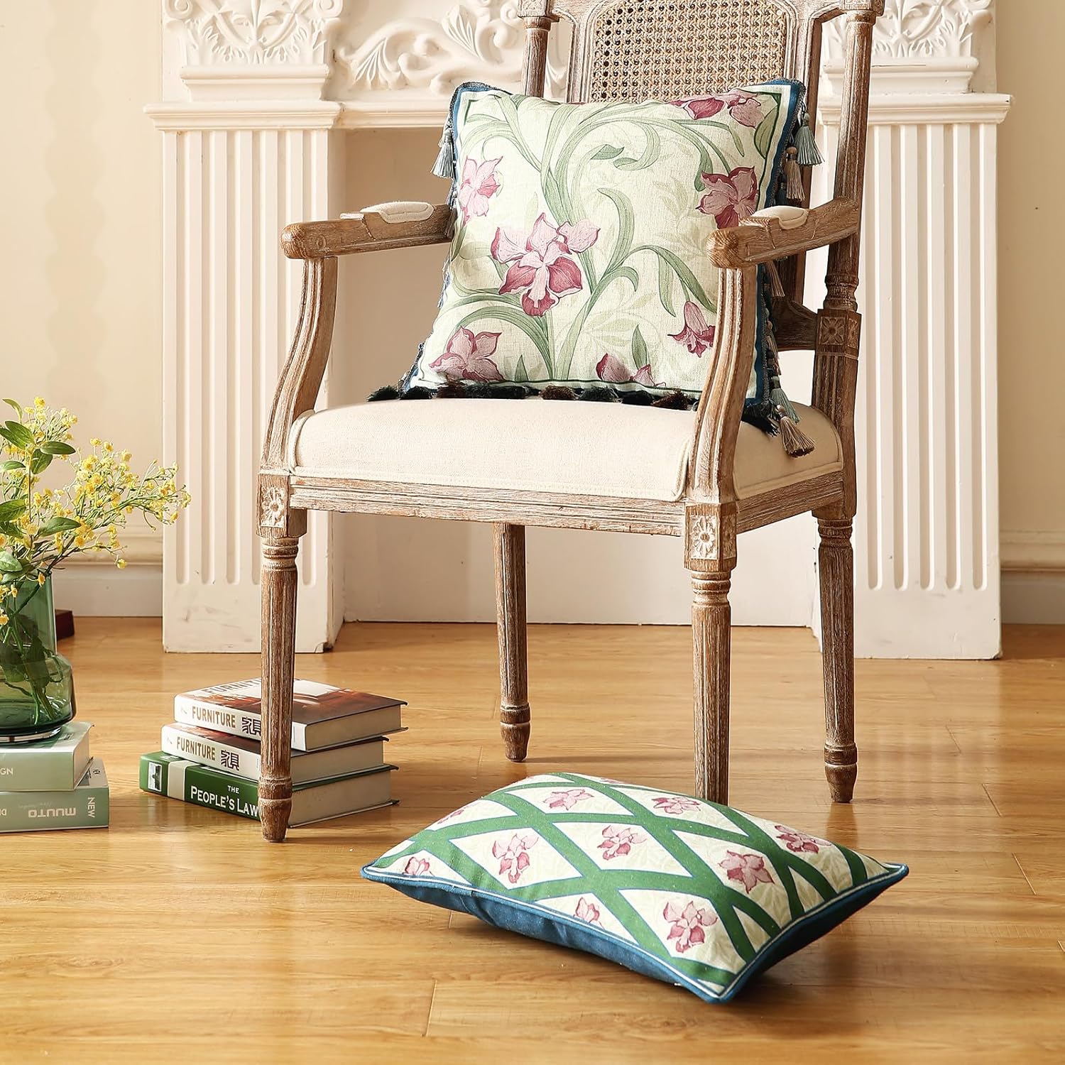 patdrea Designer Throw Pillow Covers Set of 2,French Elegant Spring Green Linen with Iris Floral Pattern Pillow Covers,Decorative Lumbar Pillowcases Cushion for Bed Living Room Outdoor,12"x20"