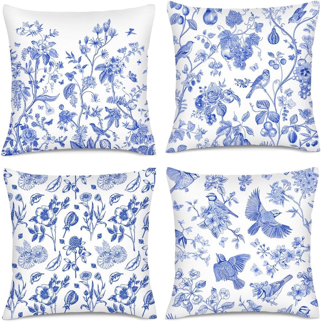 Blue Floral Bird Pillow Covers 18x18 Inch, Chinoiserie Throw Pillow Cases Set of 4 Spring Summer Flower Decorative Pillowcases for Couch Bed Sofa Cushion Living Room, Chinoiserie Decor