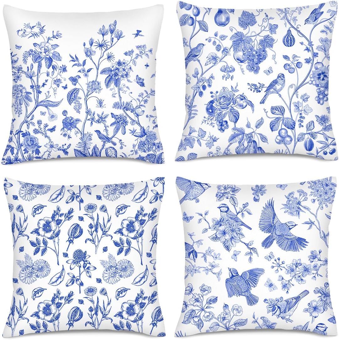 Blue Floral Bird Pillow Covers 18x18 Inch, Chinoiserie Throw Pillow Cases Set of 4 Spring Summer Flower Decorative Pillowcases for Couch Bed Sofa Cushion Living Room, Chinoiserie Decor