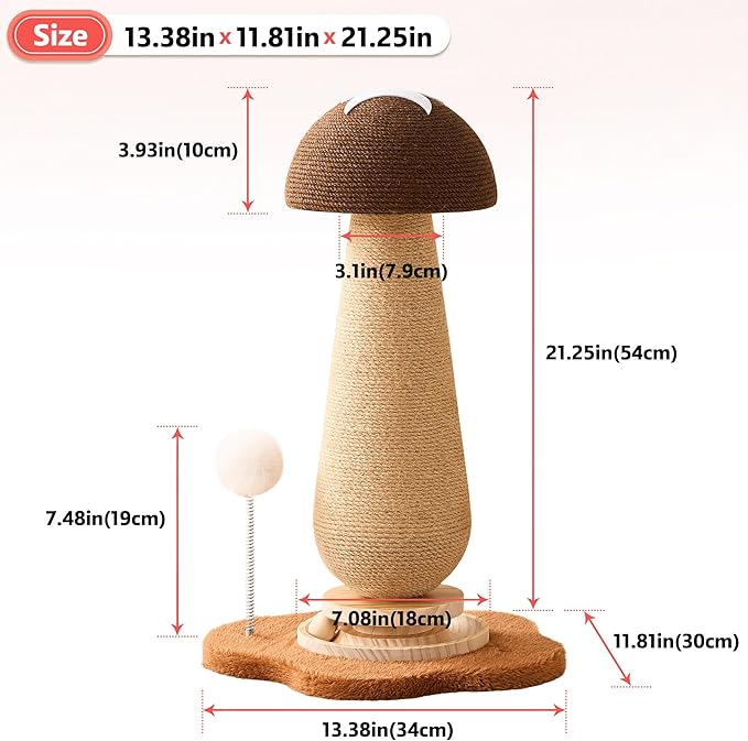 21.5‘’ H Cat Scratching Post with Catnip,Cute Mushroom Cat Scratcher Post with Durable Natural Solid Wood Turntable Toy,Acorn Brown Mushroom Shape Cat Toy Cat Sisal Scratcher for Indoor Cats