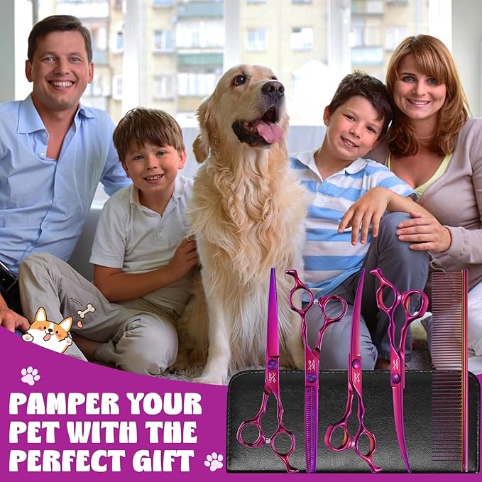 JASON Purple 6 in 1 Dog Grooming Scissors Set - Professional Thinner Set - 7" Thinning, Straight, Up-Curved, Down-Curved Scissors and Comb for Dog Cat Pet with Adjustable Screw