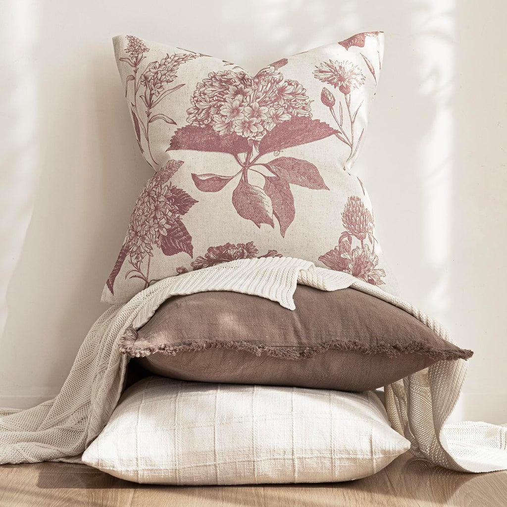 Foindtower Set of 2 Linen Floral Vintage Throw Pillow Covers Neutral Accent Decorative Cushion Covers Farmhouse Boho Home Decor for Sofa Chair Couch Bedroom Living Room,20×20 Inch,Dark Pink