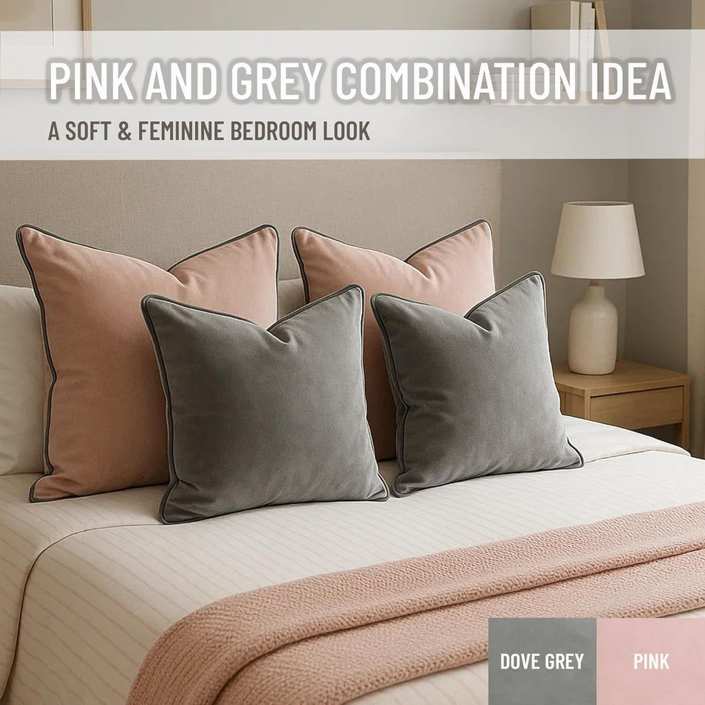 2 Pack Velvet Decorative Throw Pillow Covers, 20"x20", Pink and Grey, Solid, Modern, Contrast Piping, Indoor Use, Bedroom & Living Room