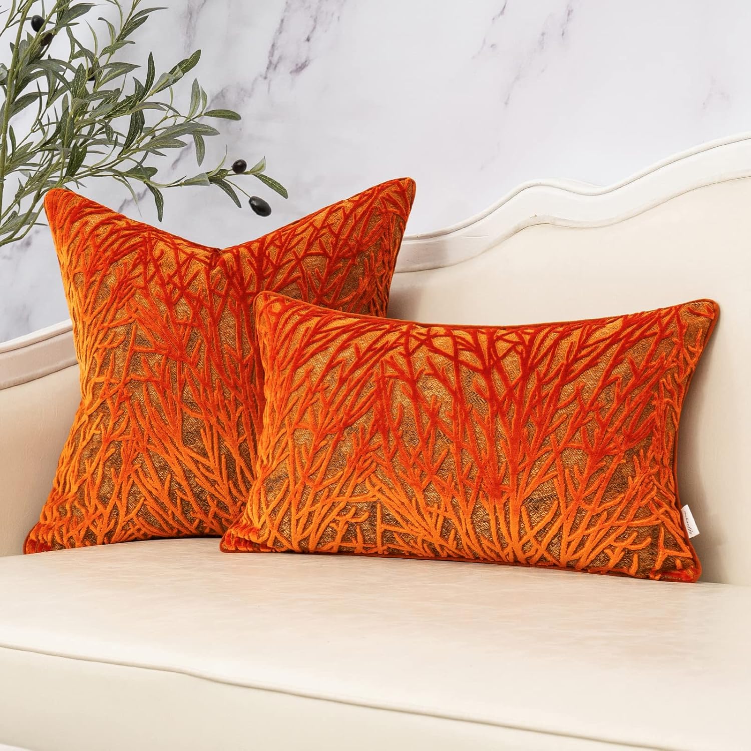 Yangest Burnt Orange Twigs Throw Pillow Cover Branches Velvet Cushion Case Neutral Pillowcase for Sofa Couch Bedroom Living Room Home Decor,18x18 Inch