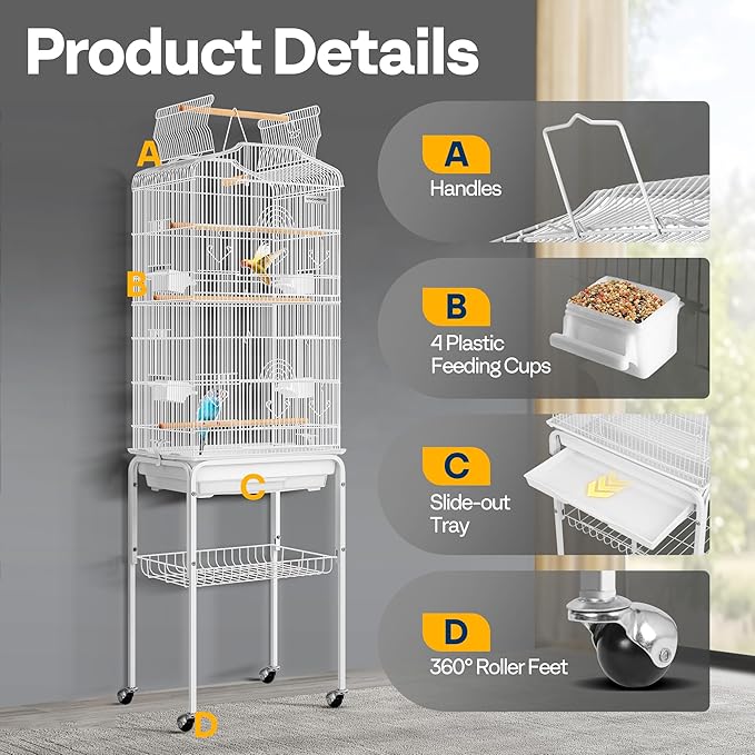 VIVOHOME 64 Inch Bird Cage with Play Top and Rolling Stand for Parrots Conures Lovebird Cockatiel Parakeets White