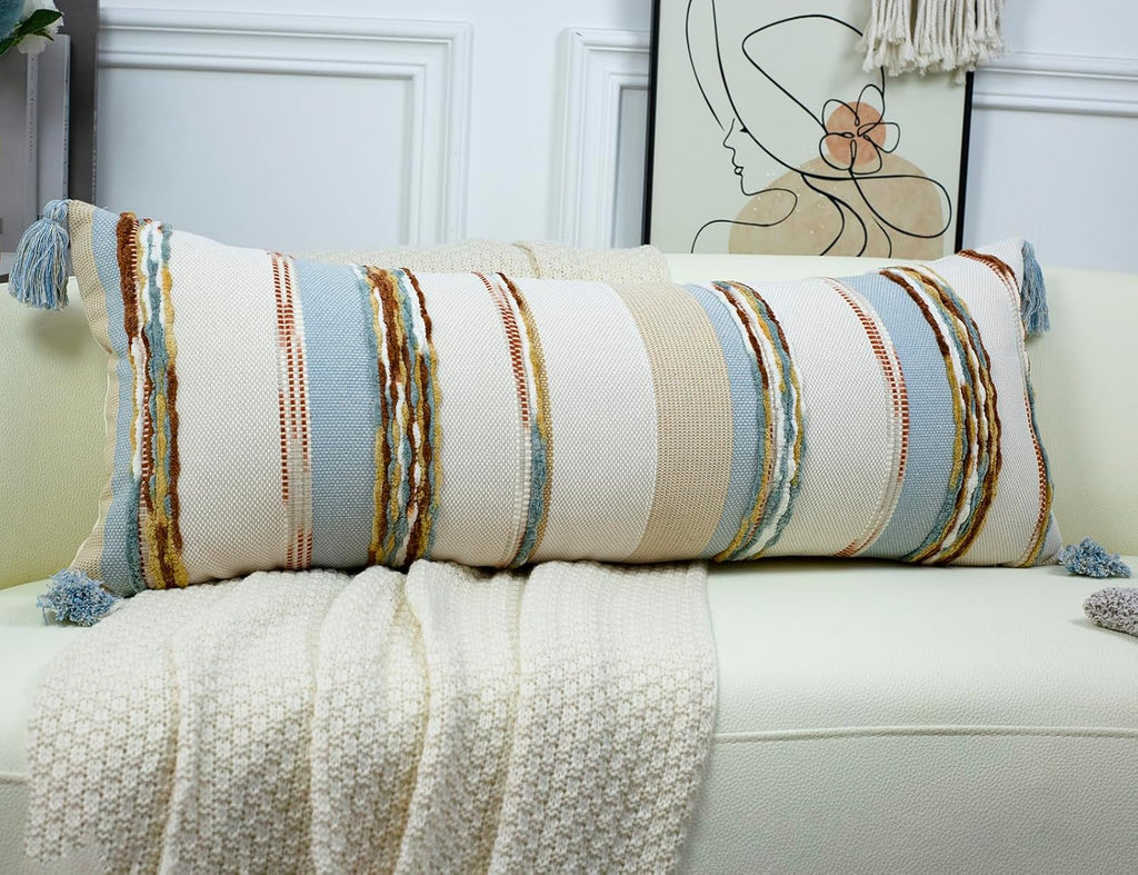 PANOD Boho Long Lumbar Throw Pillow Cover 14 x 36 Light Blue, Chenille Morocan Extra Long Pillow Case Cover, Decorative Long Pillow for Bed Couch Sofa Farmhouse