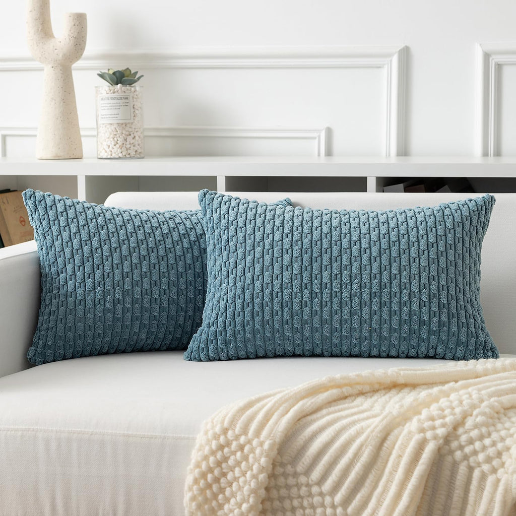 Kevin Textile 12x20 Inch Pillow Cover 1 Pack Boho Decorative Soft Striped Corduroy Lumbar Farmhouse Solid Color Accent Rectangle Cushion Case for Living Room Couch Sofa Bed, Blue Grey