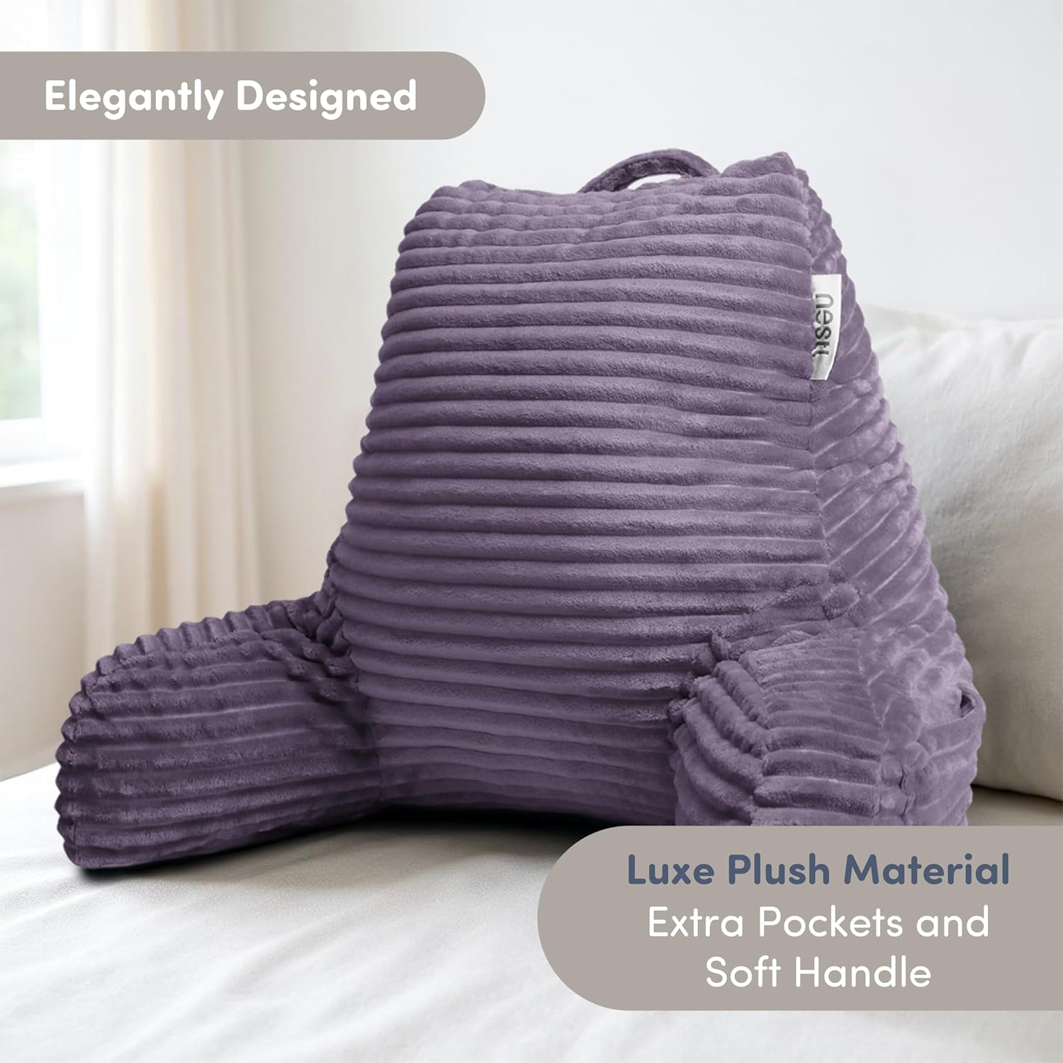 Nestl Reading Pillow with Shredded Memory Foam, Luxe Cut Plush Back Pillow for Sitting Up in Bed, Back and Arms Adjustable Support for Adult & Teens, Backrest Pillows with Washable Cover Dusty Purple