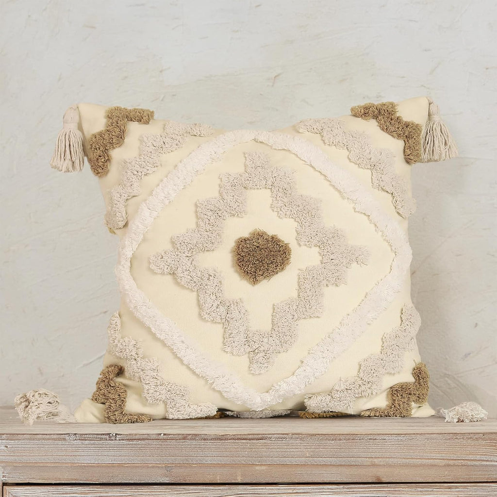 Snugtown Woven Tufted Boho Throw Pillow Cover, Modern Decorative Chevron Diamond Pattern Cushion Case, Farmhouse Pillowcase for Couch Sofa Bedroom Living Room, 18 x 18 Inches, Ivory, Tan, Beige