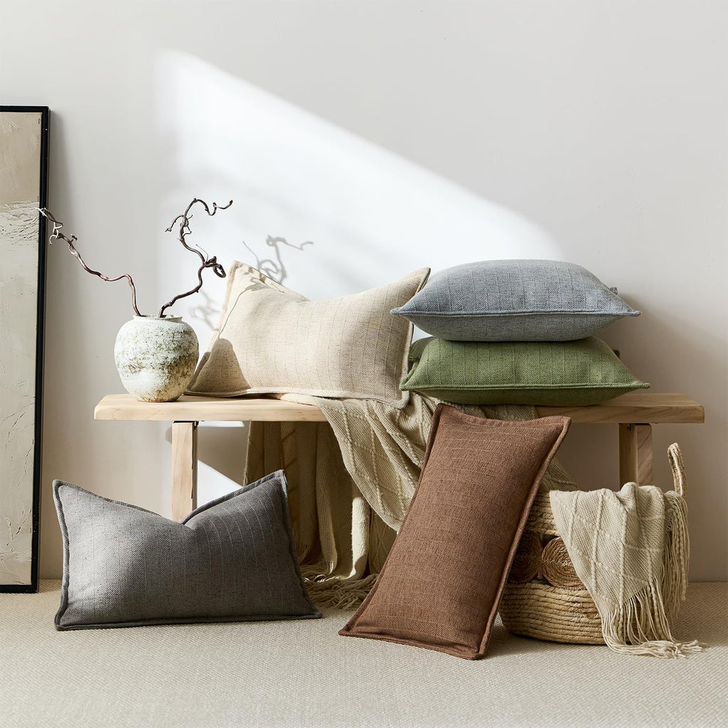 12x20 Linen Pillow Covers Brown Pack of 2 Farmhouse Boho Neutral Accents Striped Textured Rectangular Lumbar Decorative Throw Pillow Cases for Living Room Couch Bed Home Decor