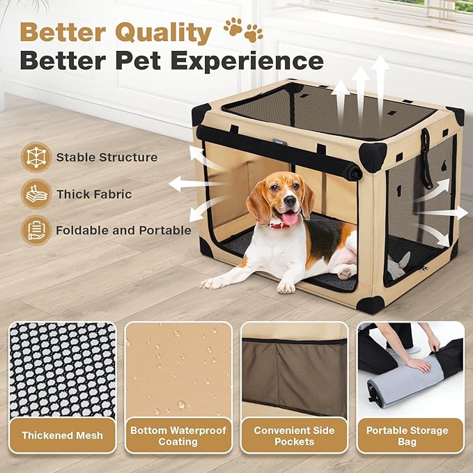 32 Inch Collapsible Travel Dog Crate for Medium Large Dogs, Portable 4-Door Foldable Soft Kennel with Mat and Durable Mesh Windows for Car & Outdoor, with Storage Bag