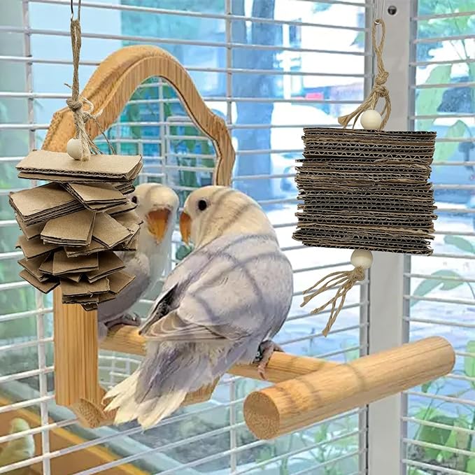 LWINGFLYER 4 Pack Small Parrot Chew Toys Natural Cardboard Paper Hanging Bird Shredding Toy for Budgies Conures Cockatiel Parakeet Lovebirds Canary
