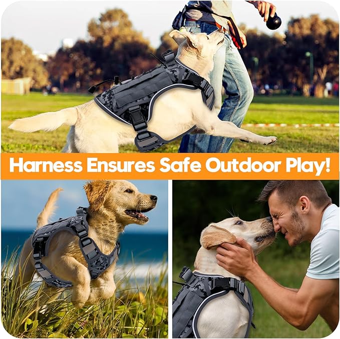 Heavy-Duty Tactical Dog Harness for Large Dogs, No Pull Adjustable Reflective Pet Vest with Molle System, K9 Military-Grade Control for Service Training, Outdoor & 10+ Breeds, Gray Camo, XX-Large
