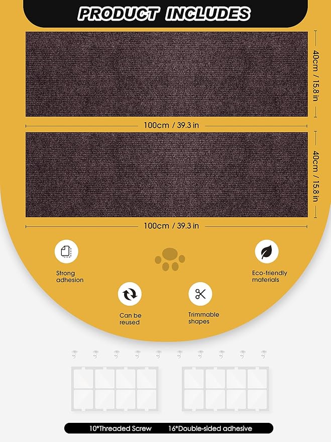 2PCS 39.4"x15.8" Cat Scratch Mat, Trimmable Self-Adhesive Carpet, DIY Climb Cat Scratcher for Furniture Couch or Wall Protector, Covering Cat Scratching Post Replacement Pads (Brown)