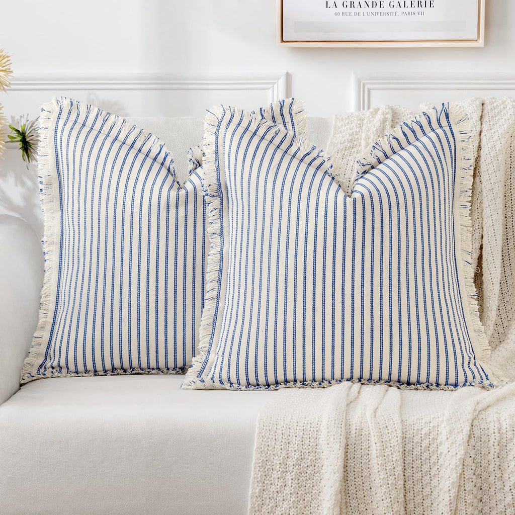 MIULEE Pack of 2 Royal Blue Pillow Covers 18x18 Inch Striped Farmhouse Couch Throw Pillow Covers with Fringe Chic Linen Decorative Cushion Covers for Sofa Living Room Bed Outdoor Home Decor