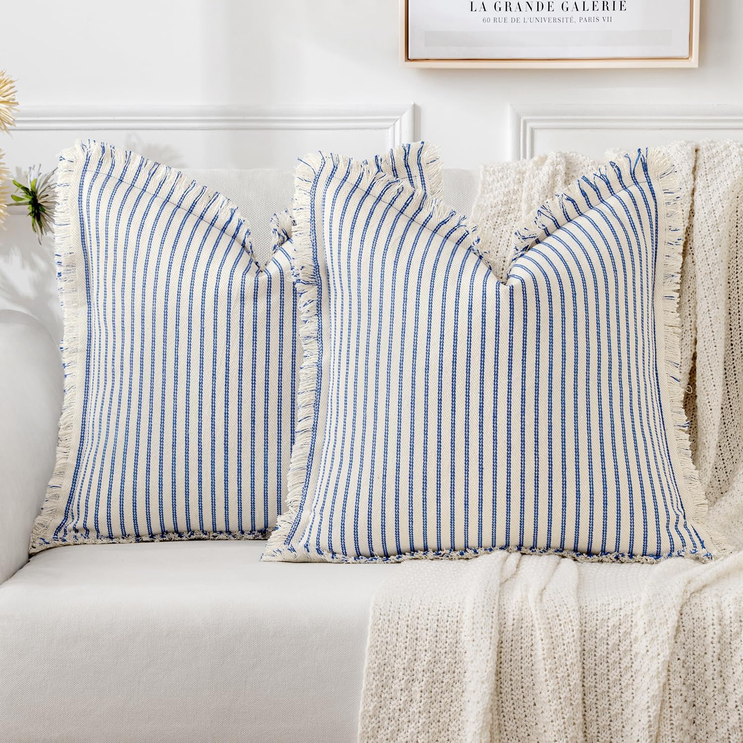 MIULEE Pack of 2 Royal Blue Pillow Covers 22x22 Inch Striped Farmhouse Couch Throw Pillow Covers with Fringe Chic Linen Decorative Cushion Covers for Sofa Living Room Bed Outdoor Home Decor