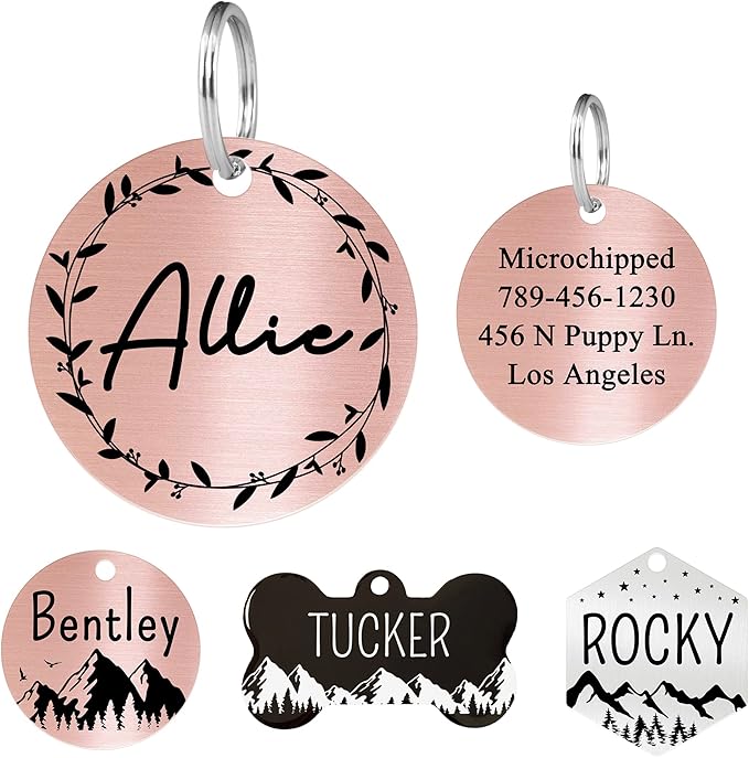 Ultra Joys Stainless Steel Personalized Dog & Cat Tags, Custom Engraving Front & Back, Round Tag Vine Design 2, Rose Small