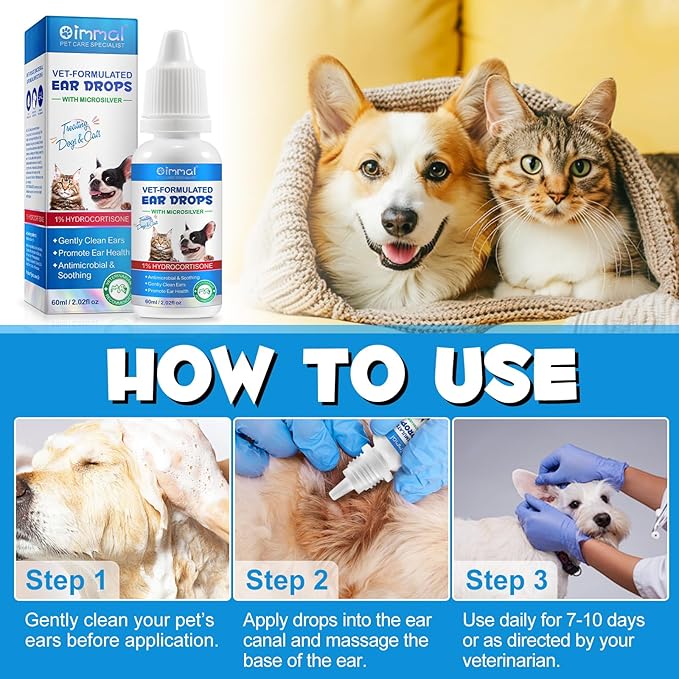 2Pack Ear Infection Treatment Drops for Dogs and Cats,with 1% Hydrocortisone Soothing Dog Yeast Infection, Itchy Ear Relief-Treats Ear Infections for Dogs & Cats - 2 fl oz