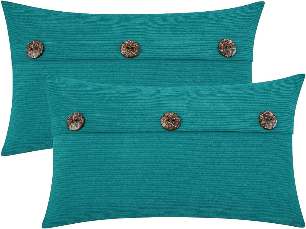 HWY 50 Teal Chenille Throw Pillow Covers 12x20 Inch with Triple Buttons, Soft Farmhouse Accent Decorative Cushion Cases for Couch Sofa Bed Living Room Pack of 2 Rectangle