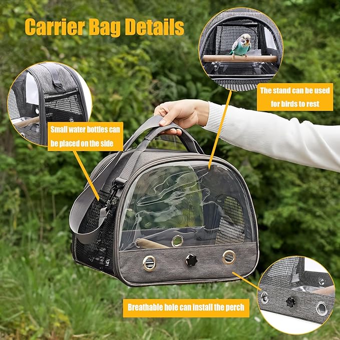 Bird Carrier with Perch Parakeet Travel Carrier Bag Portable Bird Backpack with Plat Breathable Parrot Travel Cage for Small Pets