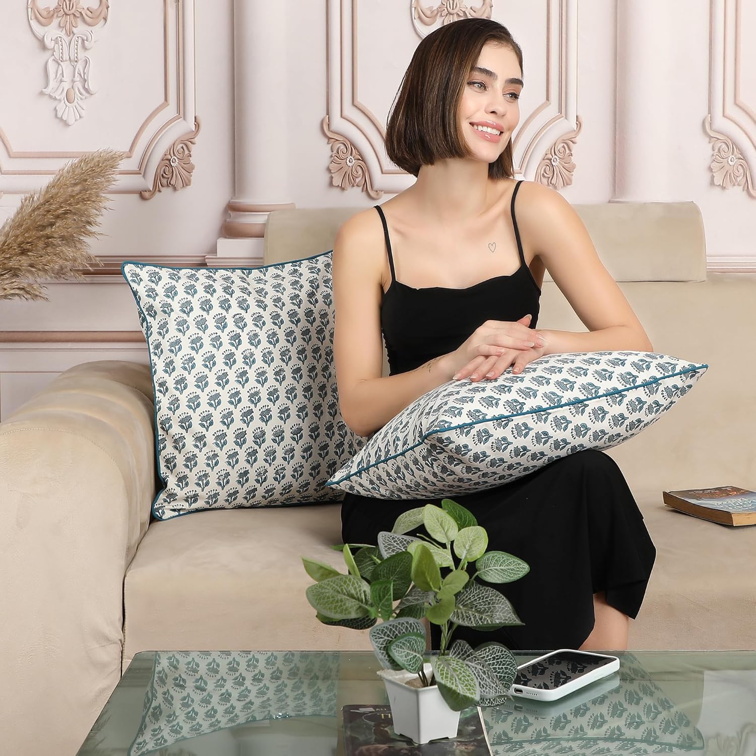 SheetKart Pure Cotton Throw Pillow Covers - Set of 2 - Hand Block Pure Cotton Printed Boho Decorative Pillow Covers - Cushion Covers for Living Room, Bohemian Theme, 18 x 18 Inches, Ocean Mist Teal