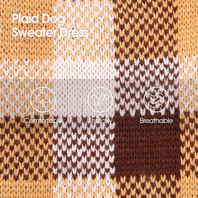 Dog Sweater Dress Plaid Knitwear for Small Medium Dogs Warm Puppy Pet Turtleneck Stretch Pullover Cute Fall Winter Vest Clothes with Leash Hole for Christmas (Coffee, 2XS)