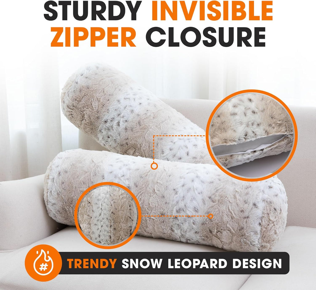 Cheer Collection Faux Fur Bolster Pillows – Soft Decorative Cylinder Pillows for Bed or Couch, Machine Washable – 8” x 24”, Set of 2, Snow Leopard