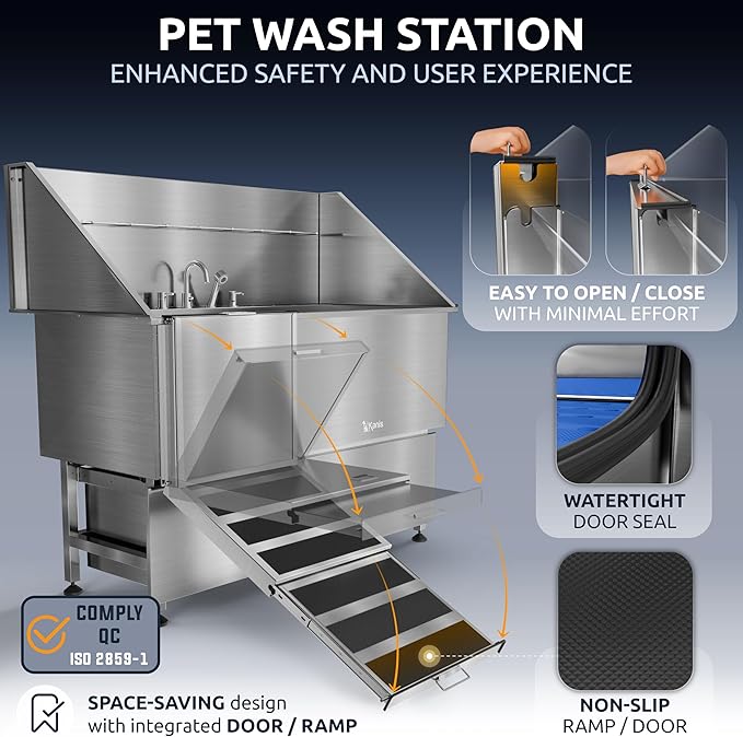 KANIS Professional Dog Washing Station - 304 Stainless Steel Pet Wash Sink & Grooming Bath Tub for Home with Ramp, Shower, Floor Grate, Storage Drawers, and Faucet for Large, Medium & Small Pets