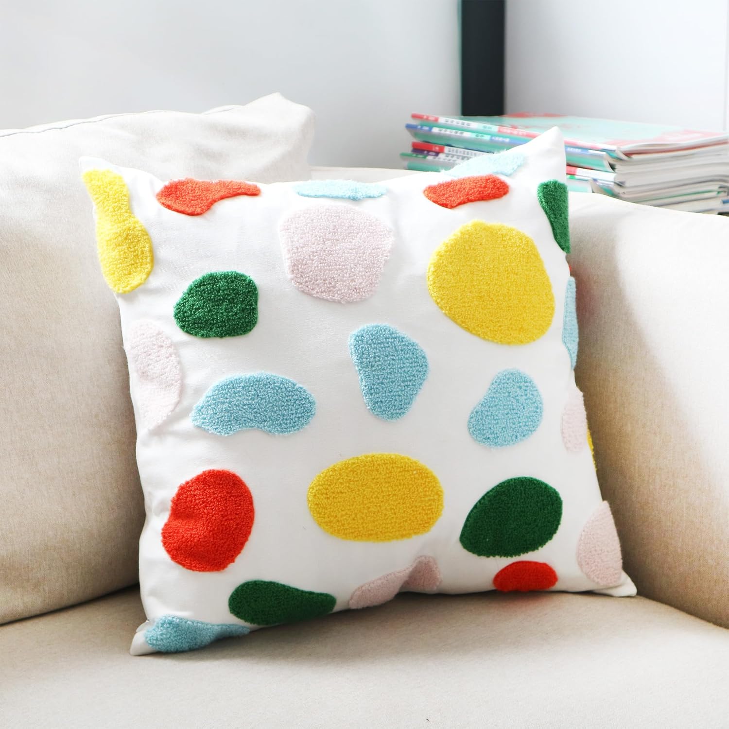 DECOBIRD Embroidery Throw Pillow Cover 18x18 Stone Home Decor Loop Embroidered Pillowcase Durable Cotton Canvas Square Pillow Case for Couch Sofa 45x45cm Cushion Cover, 1 Piece