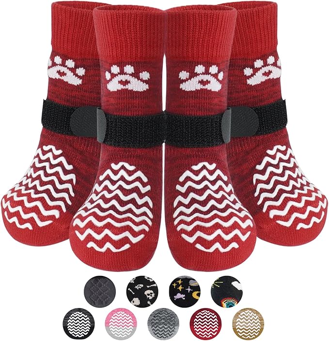 PUPTECK Anti Slip Dog Socks 2 Pairs with Double Grippers for Hardwood Floors, Shoes for Hot/Cold Pavement, Boots & Paws Protectors to Prevent Licking, Traction Booties for Senior Small Large Dogs