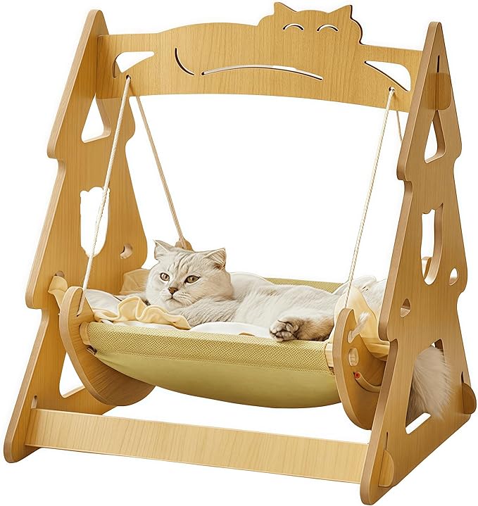2 in 1 Wooden Cat Hammock, Comfortable and Breathable Hanging Cat Bed with Soft Mattress and Pillow，Suitable for Cats or Small Dogs