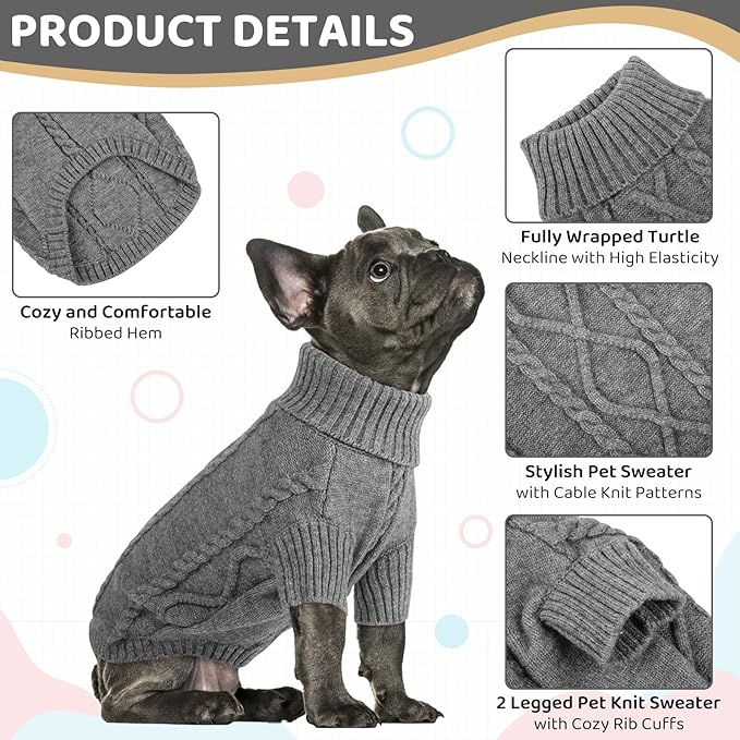 Queenmore Small Dog Pullover Sweater, Cold Weather Cable Knitwear, Classic Turtleneck Thick Warm Clothes for Chihuahua, Bulldog, Dachshund, Pug (Slate Grey, X-Large)