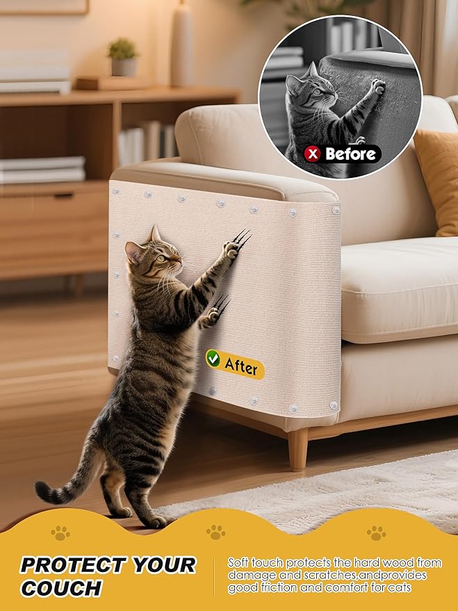 78.7"x15.8" Cat Scratch Mat, Trimmable Self-Adhesive Carpet, DIY Climb Cat Scratcher for Furniture Couch or Wall Protector, Covering Cat Scratching Post Replacement Pads (Beige)