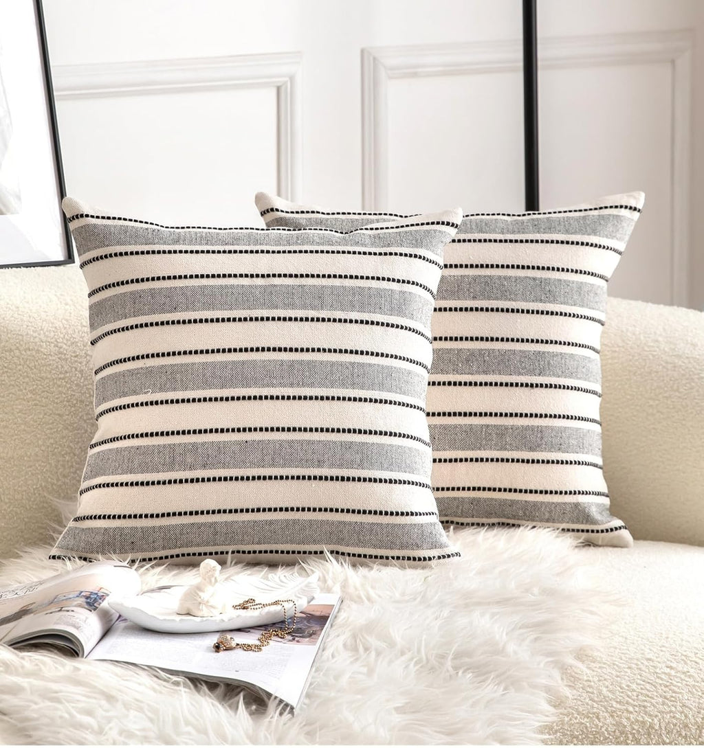 Decorative Boho Throw Pillow Covers, Farmhouse Textured Pillow Case, 22 x 22 Inch Set of 2, Chair Sofa Bedroom Living Room Home Decor Couch Cushion Case, Black and Beige Striped