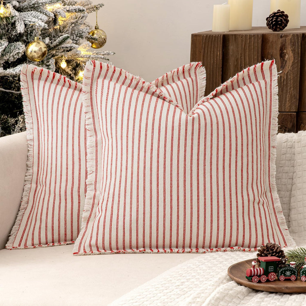 MIULEE Pack of 2 Christmas Red Pillow Covers 26x26 Inch Striped Farmhouse Couch Throw Pillow Covers with Fringe Chic Linen Decorative Cushion Eruo Sham for Sofa Living Room Bed Outdoor Home Decor