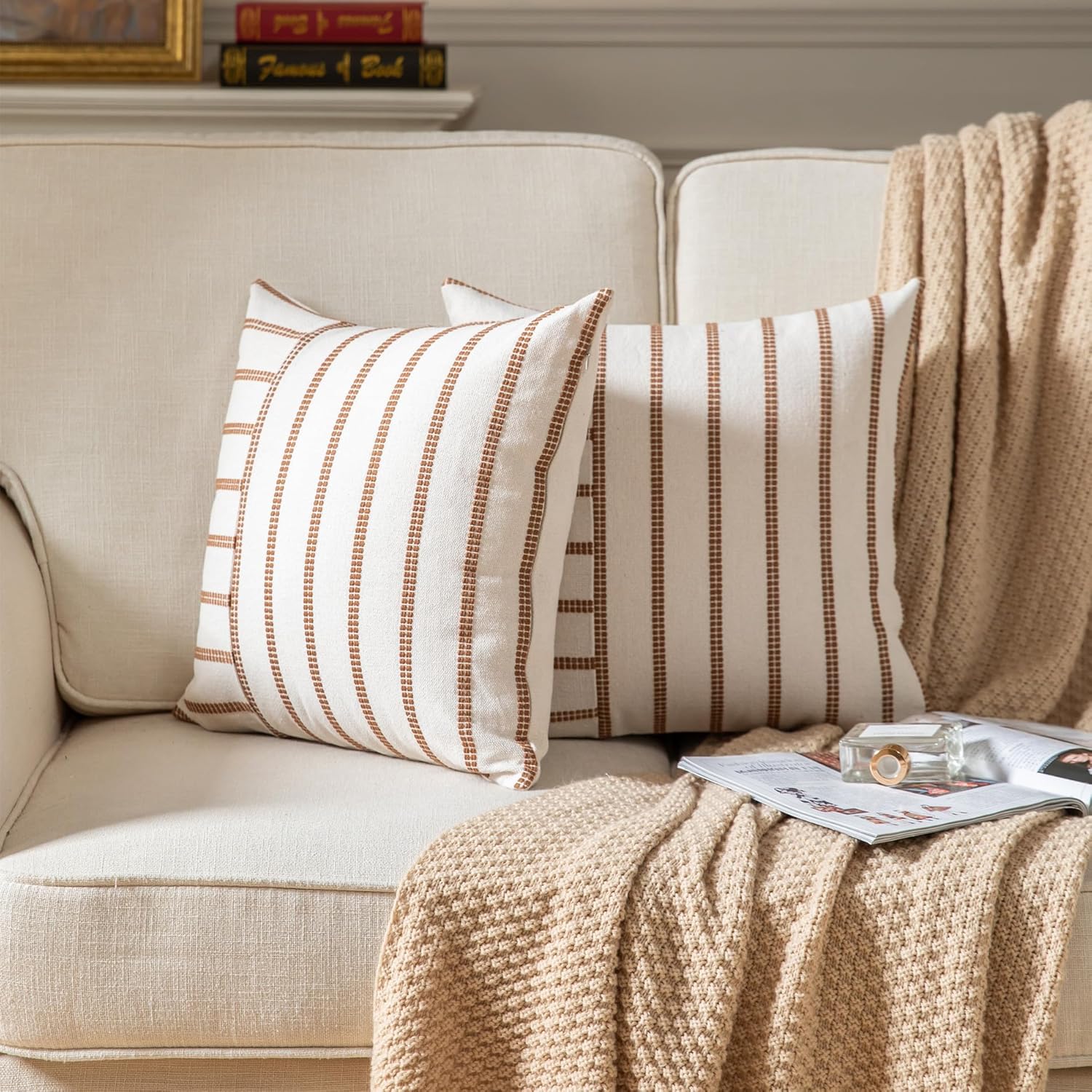 Caflife Boho Throw Pillow Covers 18x18 Set of 2 Soft Farmhouse Decorative Couch Pillow Cases Brown Striped Pillow Covers Neutral Cushion Covers for Sofa Bed Living Room Home Decor