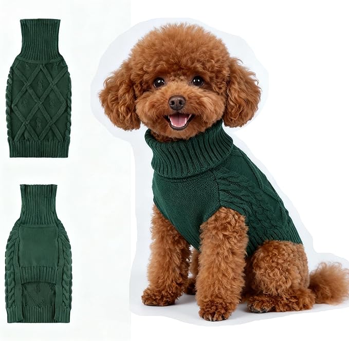 Small/Medium Dog Sweater, Warm Comfy Stretch Dog Winter Coat w/Sleeves & High Neck, Premium Dog Clothes for Schnauzer-Best for Holidays, Daily Walks M Green