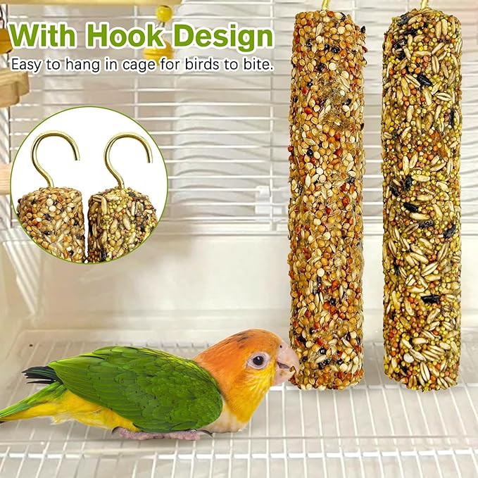 Fhiny Parakeet Treats, 4 PCS Natural Bird Crunch Sticks Grains Mixed Budgie Snacks Cockatiel Food Sticks Long-Lasting Chewing Toys for Parakeet Cockatiel Budgie Conure Parrot Lovebird Finch