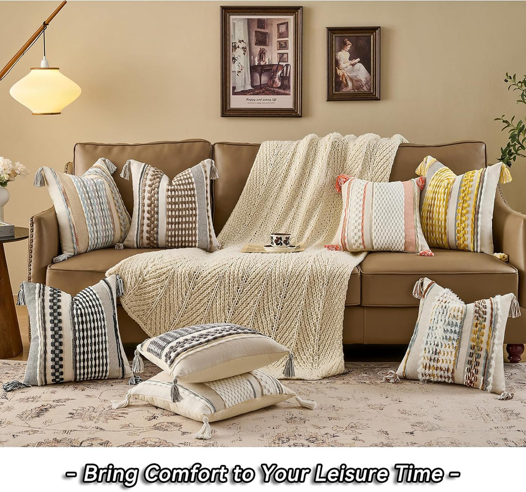 AmHoo Chenille Striped Textured Boho Throw Pillow Covers Aesthetic with Tassels Woven Decorative Pillow Case for Couch Bed Sofa Bedroom Modern Funky 18 x 18-Inch Grey White