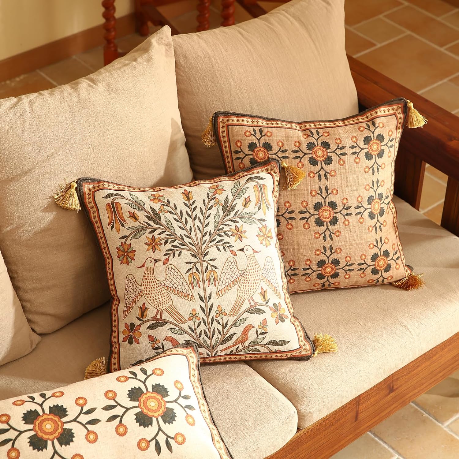 Square Brown Throw Pillow Covers,Floral Farmhouse Yellow Birds Flower Pattern Linen Accent Pillows Cover for Couch,Decorative Pillows for Couch Sofa Bed Chair Cushion Covers 18"x18"