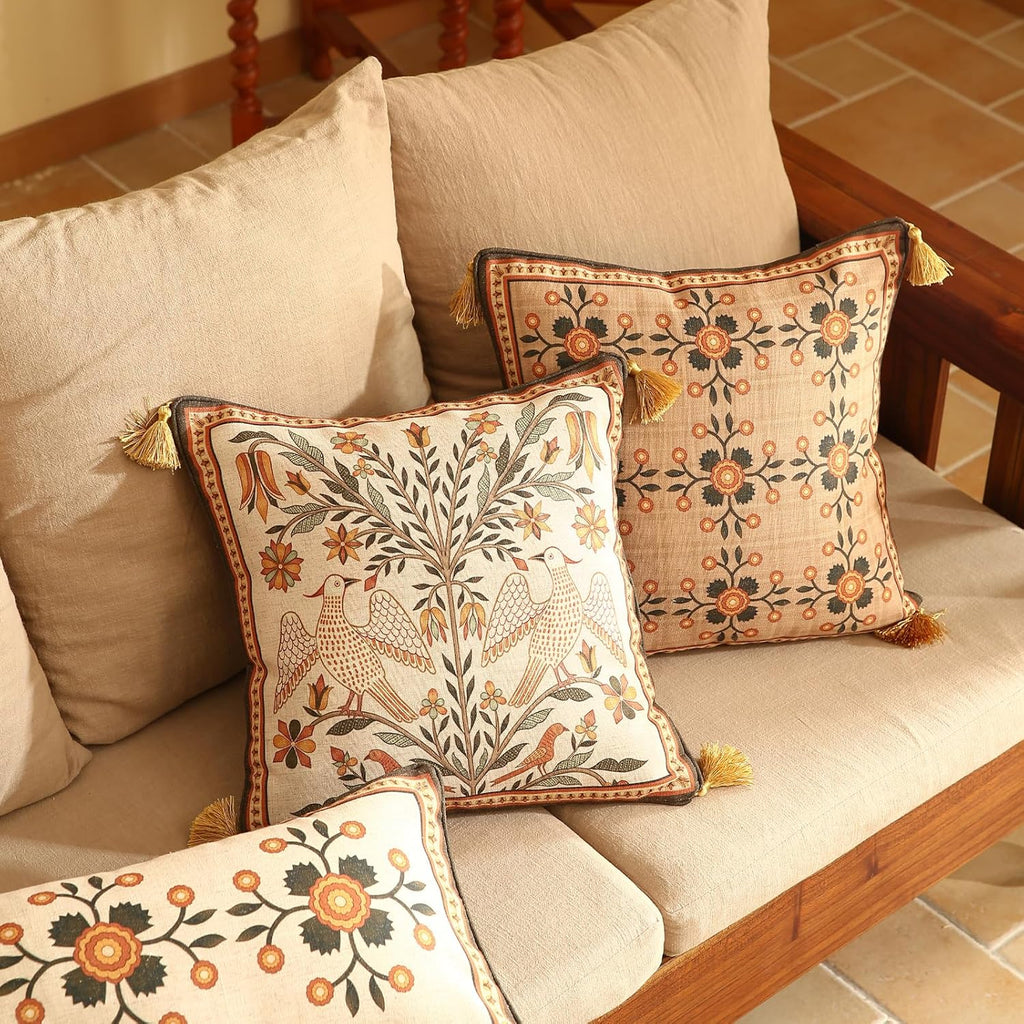 Brown Throw Pillow Covers Set of 2,Floral Farmhouse Yellow Birds Flower Pattern Linen Accent Pillows Cover for Couch,Decorative Pillows for Couch Sofa Bed Chair Cushion Covers 18"x18"