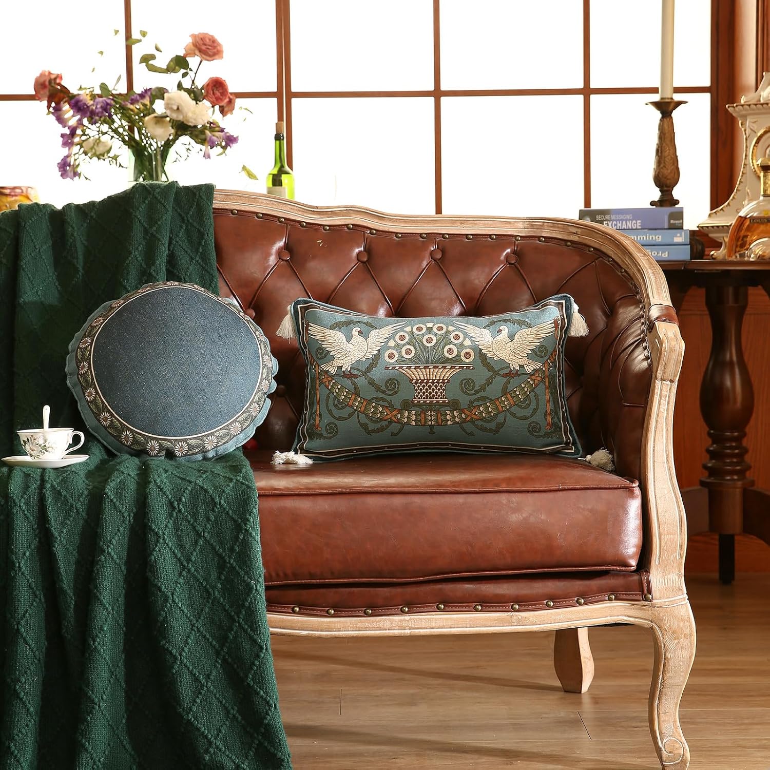 Green Throw Pillow Covers,French Farmhouse with White Birds and Flowers Pattern Linen Pillowcases,Decorative Round Pillows Cushion Covers for Couch Sofa Bed Chair,Diameter 16"