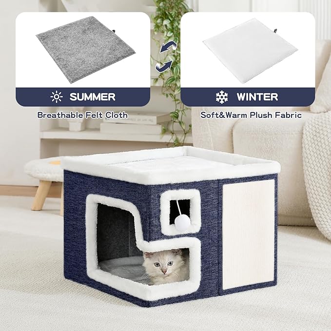 Cat Houses for Indoor Cats, Covered Cat Cave Bed with Scratch Pad and Fluffy Ball, Foldable Cat Hideaway Condo for Large Cats, Modern Kitten Bed,16.5x16.5x13 inches (Blue, Large)