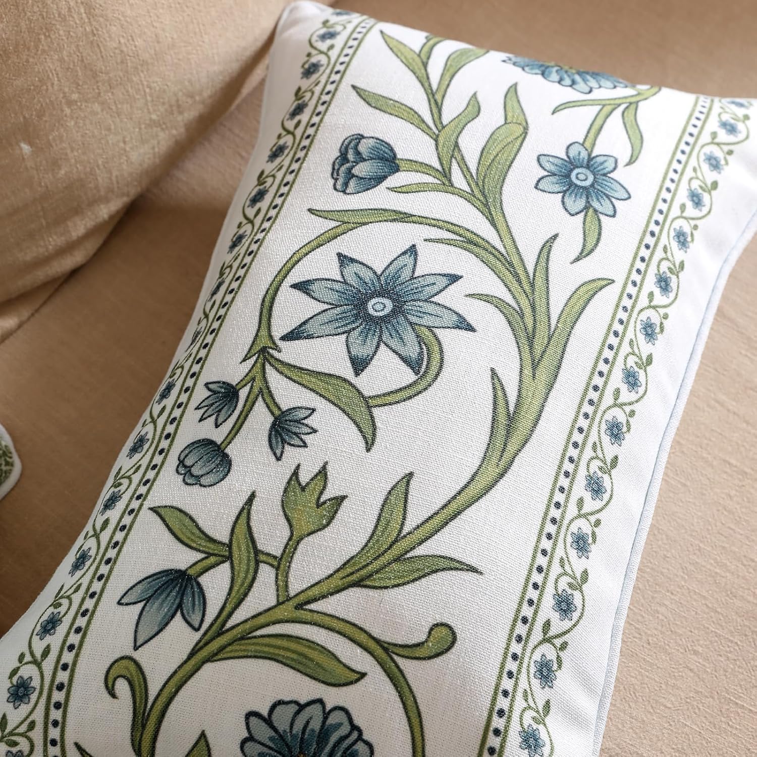 ISAENNE Design Fresh Linen Lumbar Throw Pillow Covers 12"x20", French White Cottage Cushion Covers with Green Branches Pattern Decoration Pillowcases for Bed,Living Room,Outdoor,Car