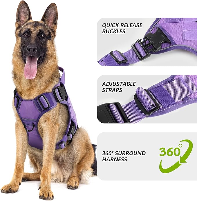 WINGOIN Purple Tactical Dog Harness for Large Dogs, Heavy Duty No Pull Dog Harness with Handle, Adjustable Reflective Military K9 German Shepherd Big Size Dog Vest for Walking, Training, Hunting (L)