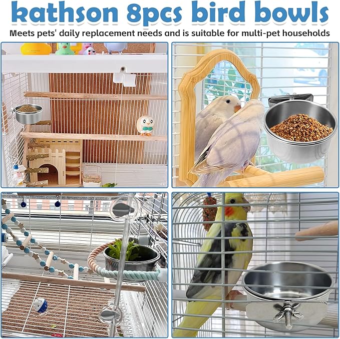 kathson 8 Pack Bird Feeding Dish Cups, Stainless Steel Parrot Feeders Water Cage Bowls with Clamp Holder Bird Feeders for Parakeet Cockatiels Conure Budgies Lovebird Finch and Small Animals