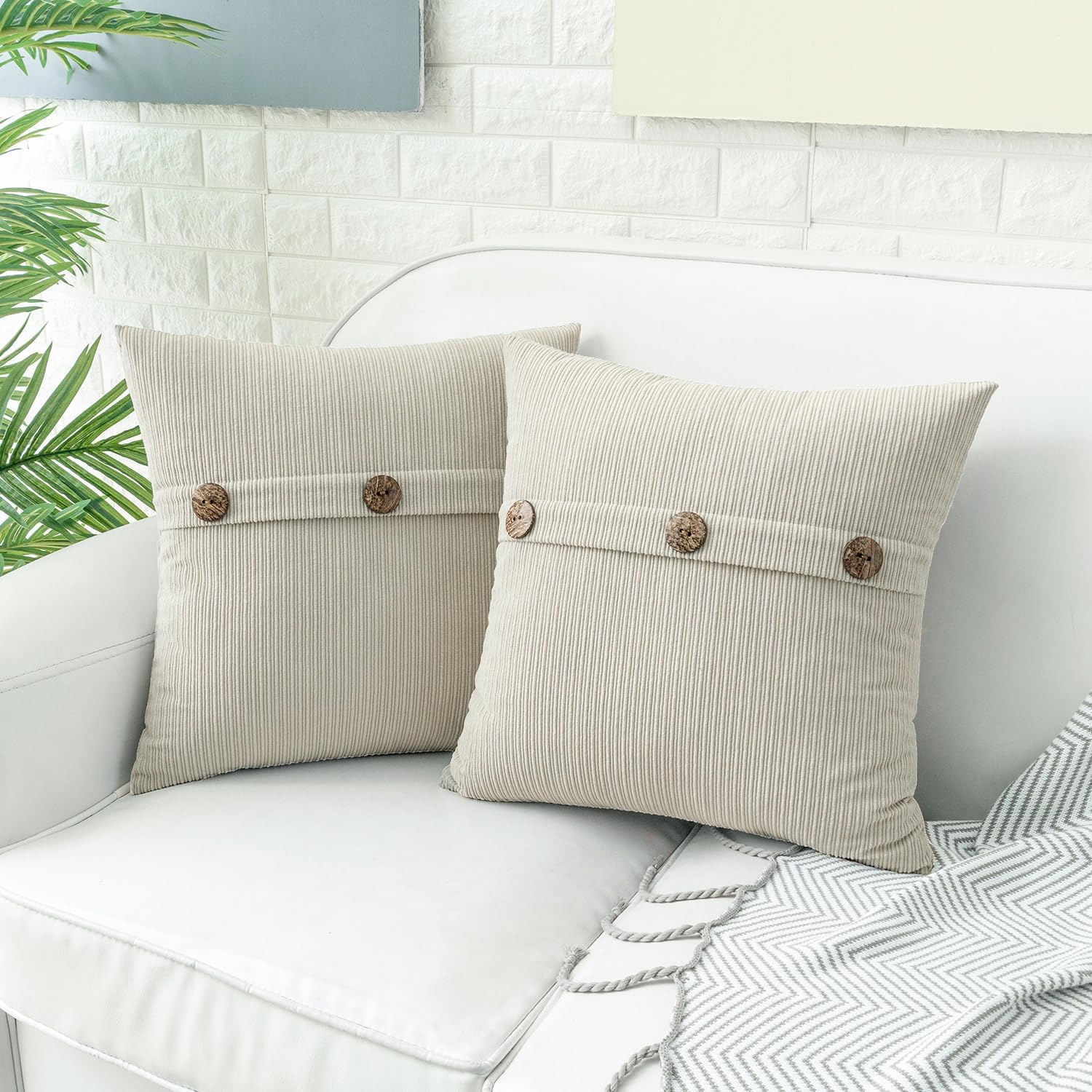HWY 50 Cream White Chenille Throw Pillow Covers 20x20 Inch with Triple Buttons, Soft Farmhouse Accent Decorative Cushion Cases for Couch Sofa Bed Living Room Pack of 2